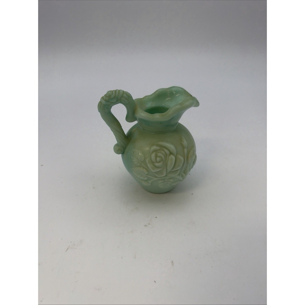 AVON Jadeite Milk Glass Rose Mini Pitcher 4" Jug Art Flower Vintagr